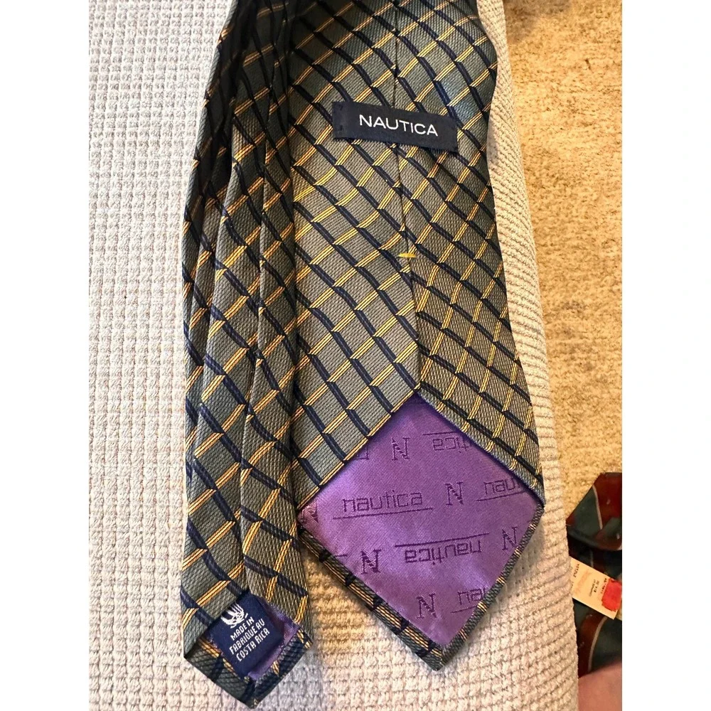 Nautica Mens Silk Tie Green Navy Gold Geometric Grid Pattern Professional Office